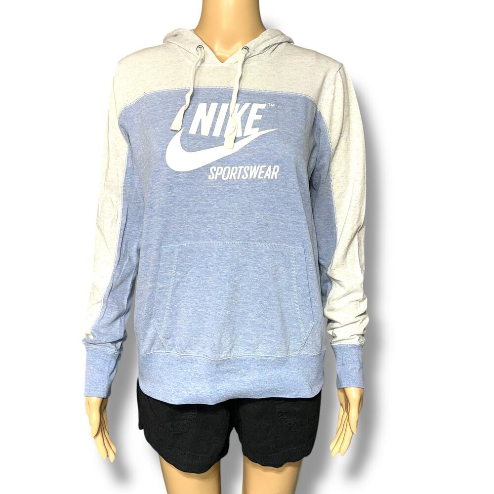 Nike Womens Hooded T Shirt Top Long Sleeve Colorblock Logo Kangaroo Pocket Med